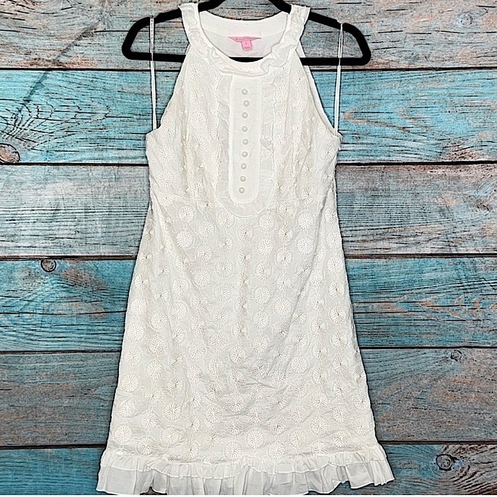 Lilly Pulitzer White Jacqueline Dress 4 Lace Tropical‎ Fruit Pearl Shift Ruffle